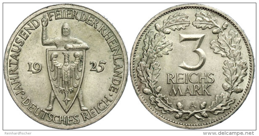 3 Reichsmark, 1925, 1000 Jahr-Feier Der Rheinlande, Mzz A, Vz., Katalog: J. 321 Vz3 Reichmark, 1925, 1000 Year... - Autres & Non Classés