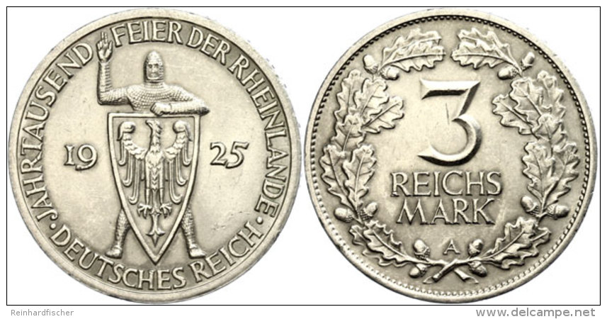 3 Reichsmark, 1925 A, Zur Jahrtausendfeier Der Rheinlande, Min. Rf, Kl. Schlagspur, Vz+, Katalog: J. 321 Vz3... - Autres & Non Classés