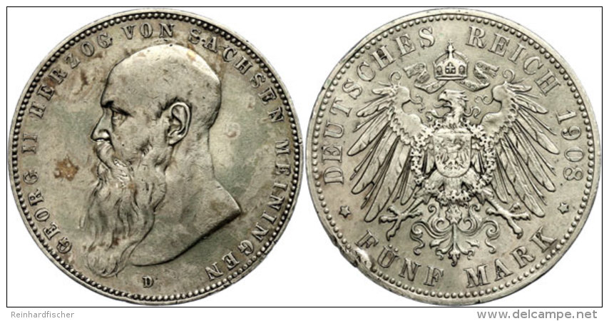 5 Mark, 1908, Georg II., Variante Bart Berührt Perlkreis Nicht, Randfehler, Ss., Katalog: J. 153b Ss5... - Autres & Non Classés