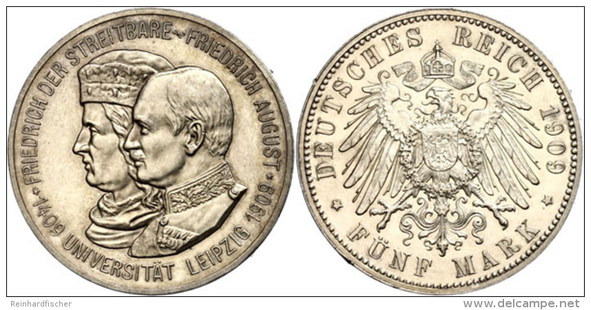 5 Mark, 1909, Friedrich August III. Mit Markgraf Friedrich I. Zur 500-Jahrfeier Der Gründung Der... - Otros & Sin Clasificación