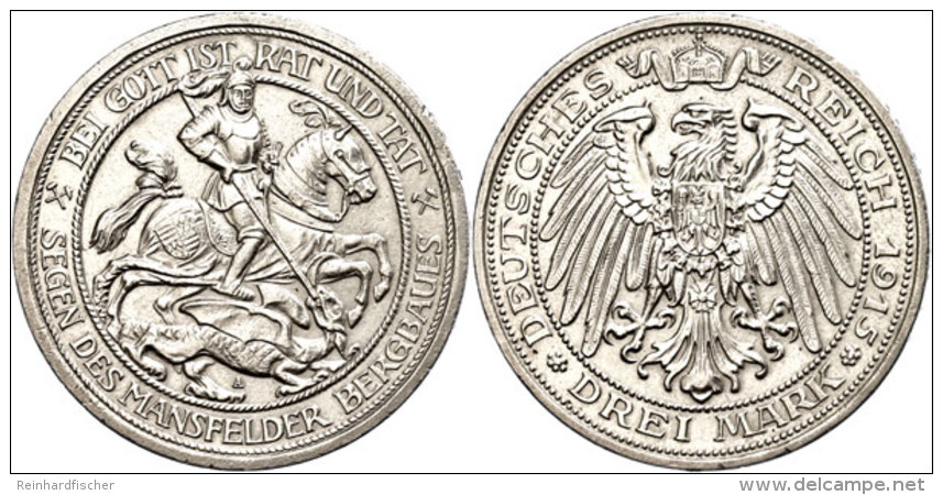 3 Mark, 1915, Grafschaft Mansfeld, Poliert, Rf, Vz., Katalog: J. 115 Vz3 Mark, 1915, County Mansfeld, Polished,... - Autres & Non Classés