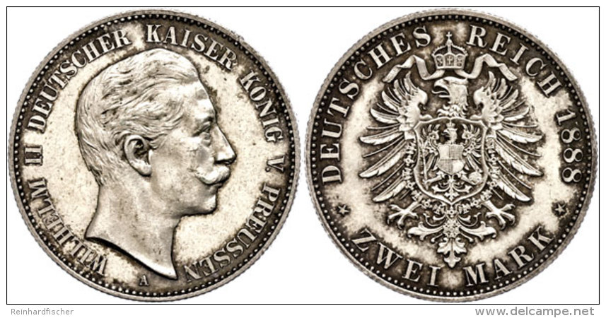 2 Mark, 1888, Wilhelm II., Kl. Rf., Vz+., Katalog: J. 100 2 Mark, 1888, Wilhelm II., Small Edge Nick, Extremly... - Autres & Non Classés