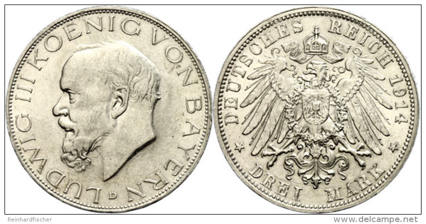 3 Mark, 1914, Ludwig III. (1913 - 1918), Min. Rf, Feine Kratzer, Vz+, Katalog: J. 52 3 Mark, 1914, Ludwig III.... - Autres & Non Classés