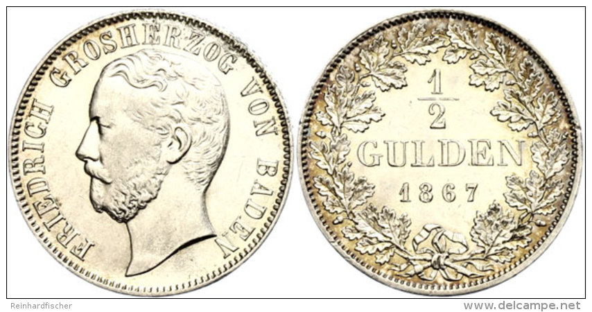 1/2 Gulden, 1867, Friedrich I., AKS 128, J. 83, Kleiner Randfehler, Ss-vz.  Ss-vz1 / 2 Guilder, 1867, Frederic... - Autres & Non Classés