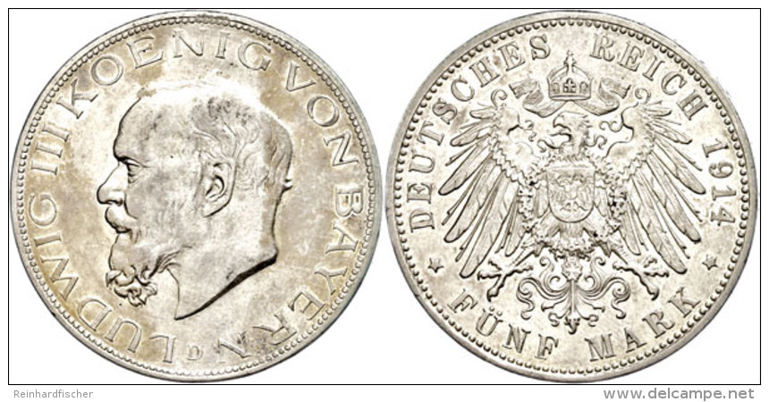 5 Mark, 1914, Ludwig III., Mzz D, J. 53, Schöne Patina, Winz. Kratzer, Min. Rf, Berieben, Vz, Katalog: J. 53... - Autres & Non Classés