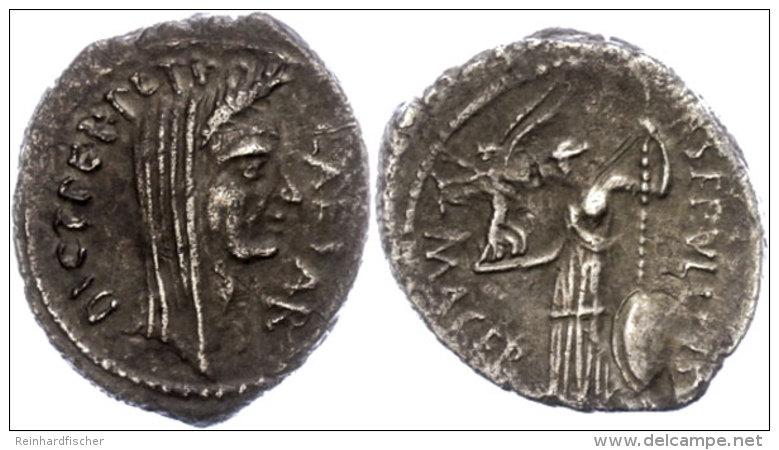 P. Sepullius Macer, Denar (3,15g), 44 V. Chr., Rom. Av: Verschleierter Kopf Caesars Nach Rechts, Darum "CAESAR" Und... - República (-280 / -27)