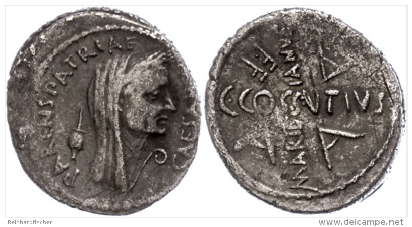 C. Cossutius Maridianus, Denar (3,76g), 44 V. Chr., Rom. Av: Verschleiertes Kopf Caesars, Davor "CAESAR" Und... - République (-280 à -27)