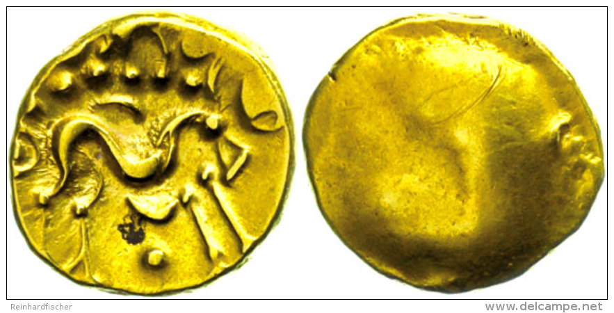 Gallien, Ambiani, Stater (6,26g), Gold. Av: Glatt. Rev: Pferd Nach Rechts, Darunter Kugel. Schörghuber 353ff.,... - Celtas