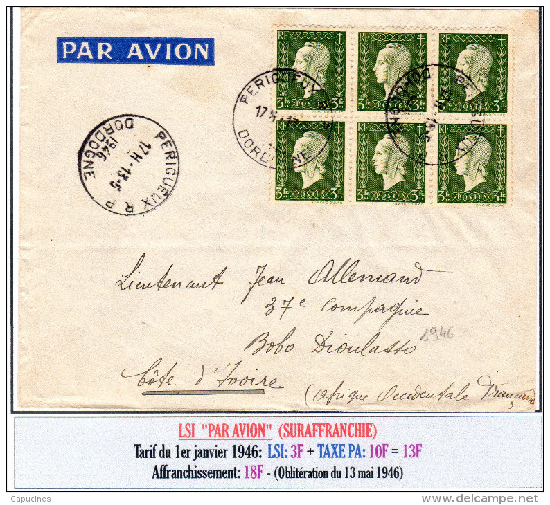 Marianne De Dulac -LSI "PAR AVION (tarif Du1/01/1946) - 1944-45 Marianne De Dulac