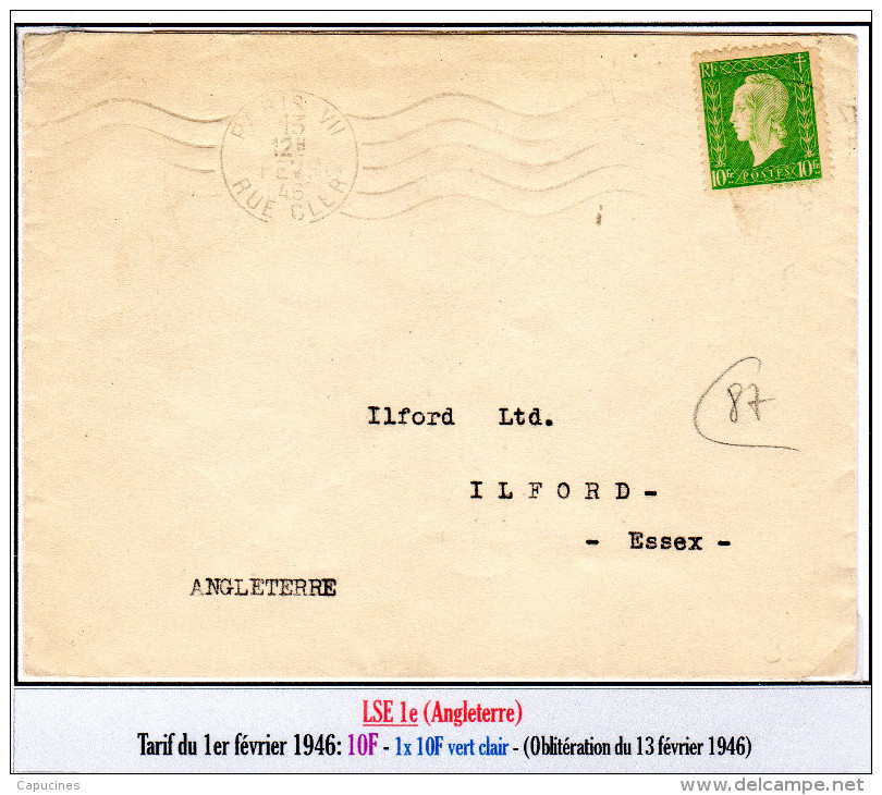 Marianne De Dulac - LSE  "seul Sur Lettre"  (tarif Du1/02/1946) Pour L'Angleterre - 1944-45 Marianne De Dulac