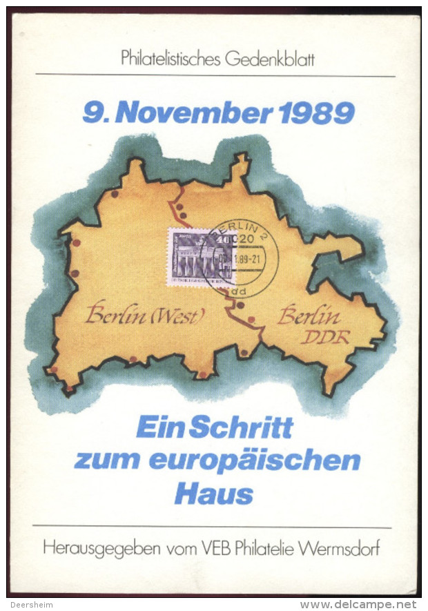 DDR Philatelistisches Gedenkblatt A5 "9 November 1989 - Ein Schritt Zu Eropäischen Haus" TgSt 1020 BERLIN 2, 09.11.89 - Briefe U. Dokumente