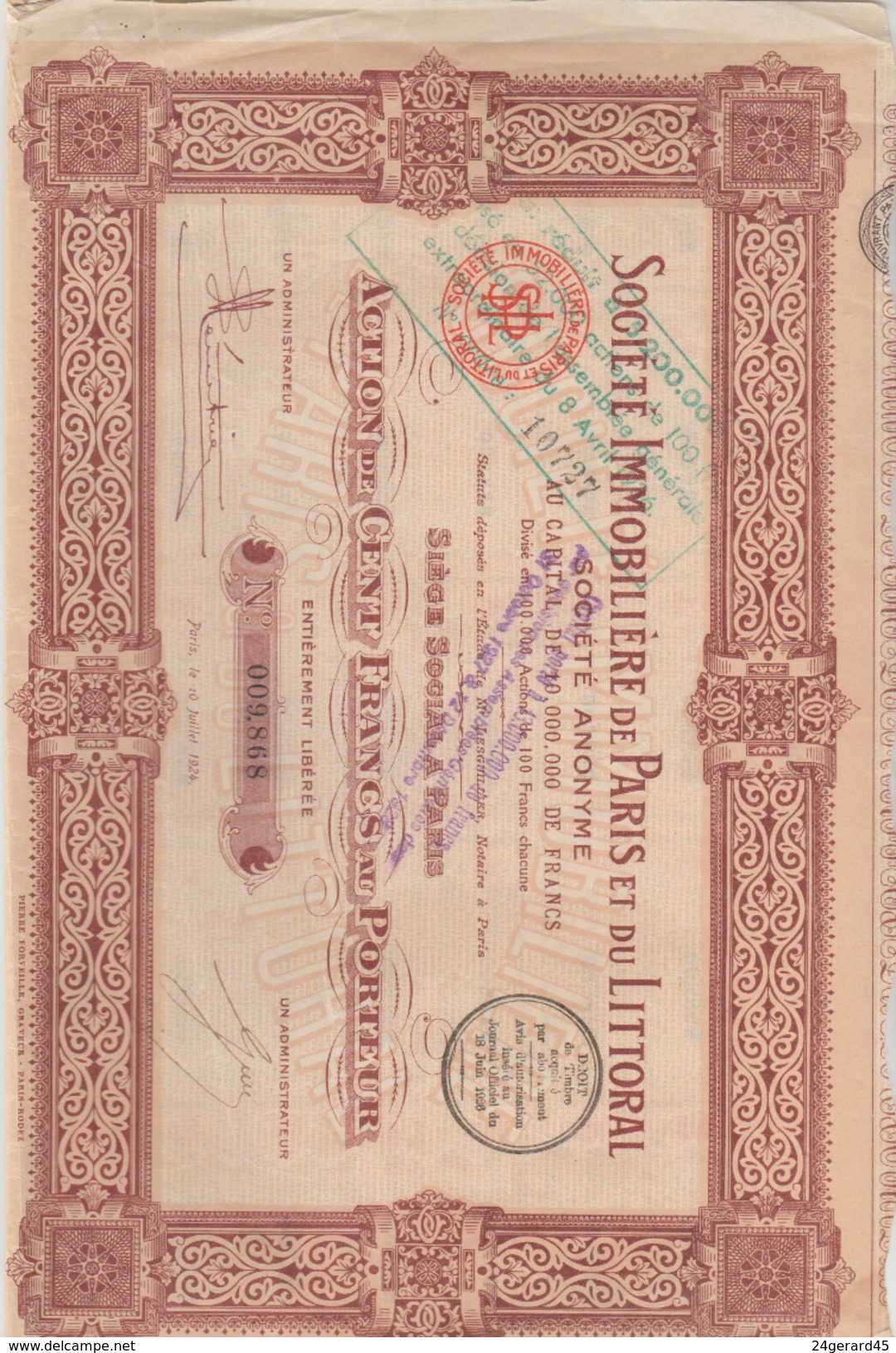 ACTION 100 FRANCS N° 009868 SOCIETE IMMOBILIERE DE PARIS ET DU LITTORAL - G - I