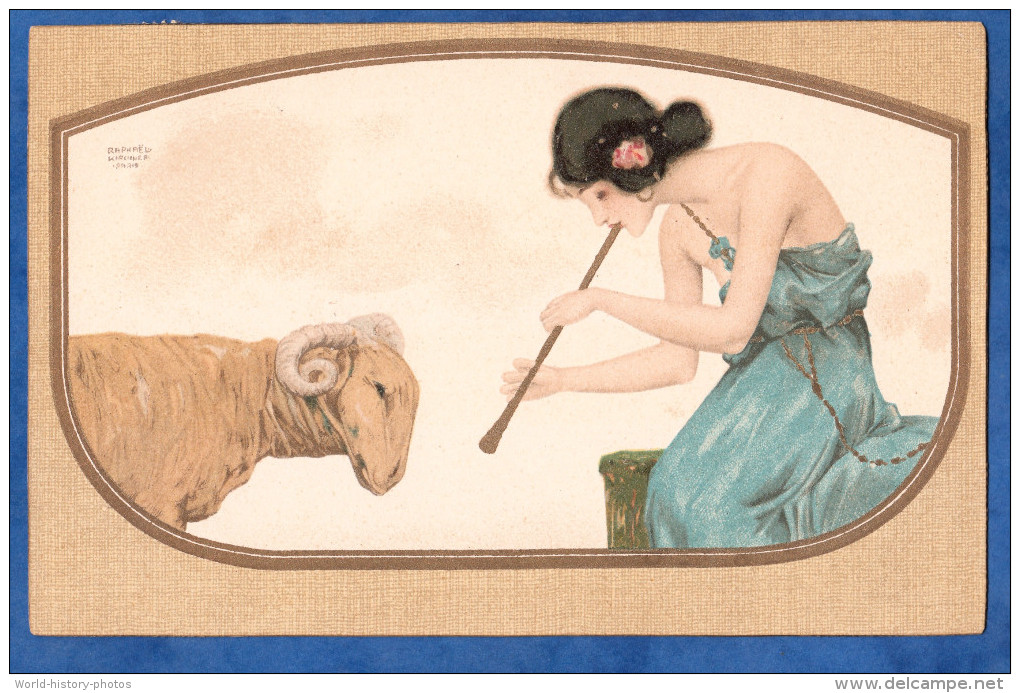 CPA Illustrée Par Raphael KIRCHNER - Femme à La Flute & Bélier - 1904 - Art Nouveau - Médaillon Fille Girl Illustrateur - Kirchner, Raphael