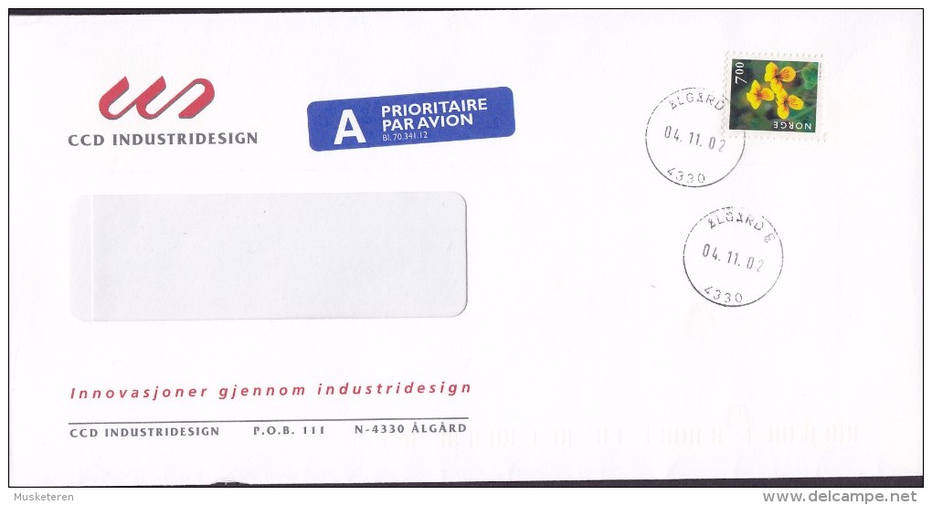 Norway A PRIORITAIRE Par Avion Label CCD INDUSTRIDESIGN, ÅLSGÅRD 2002 Cover Brief 7.00 Kr Flower Blume Stamp - Briefe U. Dokumente