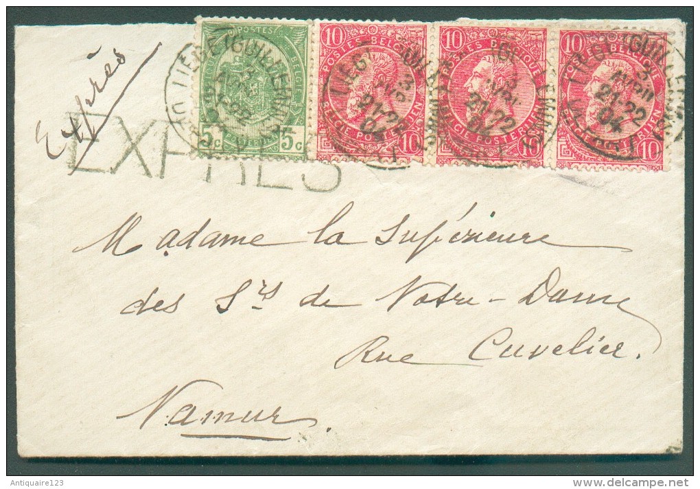 5 Centimes Armoirie + 10 Centimes Fine Barbe (x3)  Obl. Sc LIEGE (Guillemins) Sur Enveloppe En EXPRES Vers Namur  - 1135 - 1893-1900 Thin Beard