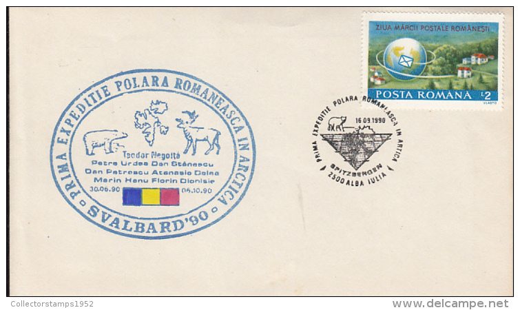 47868- SVALBARD- FIRST ROMANIAN ARCTIC EXPEDITION, POLAR BEAR, REINDEER, SPECIAL COVER, 1990, ROMANIA - Expéditions Arctiques