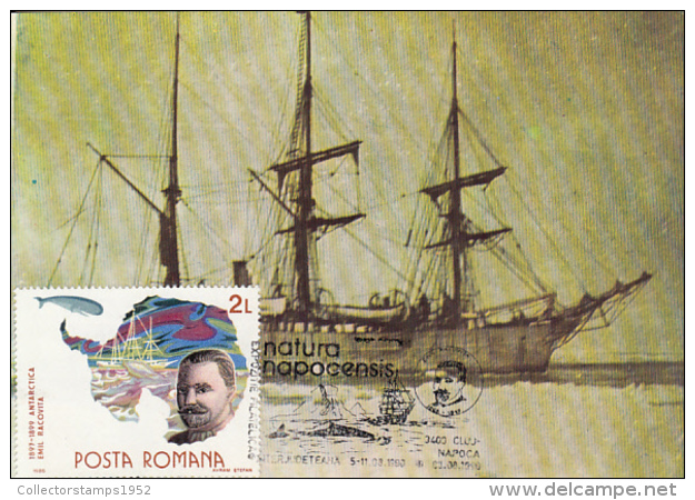 47872- BELGICA SHIP ARCTIC EXPEDITION, EMIL RACOVITA, WHALE, MAXIMUM CARD, 1990, ROMANIA - Expéditions Arctiques