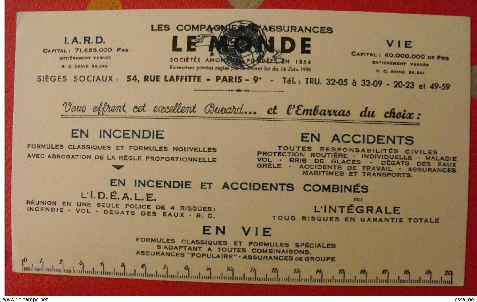 Buvard Compagnies D'assurances Le Monde. Vers 1950 - Bank En Verzekering