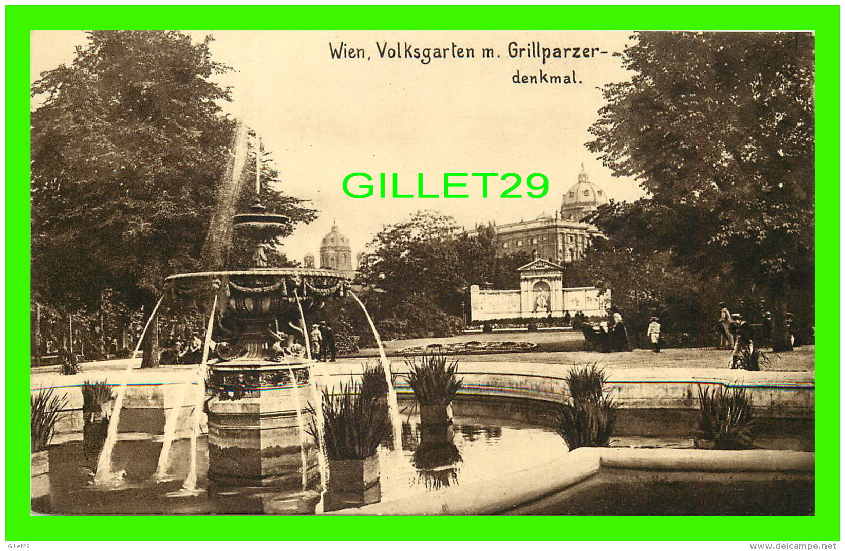 WIEN, AUTRICHE - VIENNE - VOLKSGARTEN M. GRILLPARZER-DENKMAL - ANIMATED  - KUPFERDRUCK-KUNSTLERKARTE, 1909  - - Autres & Non Classés