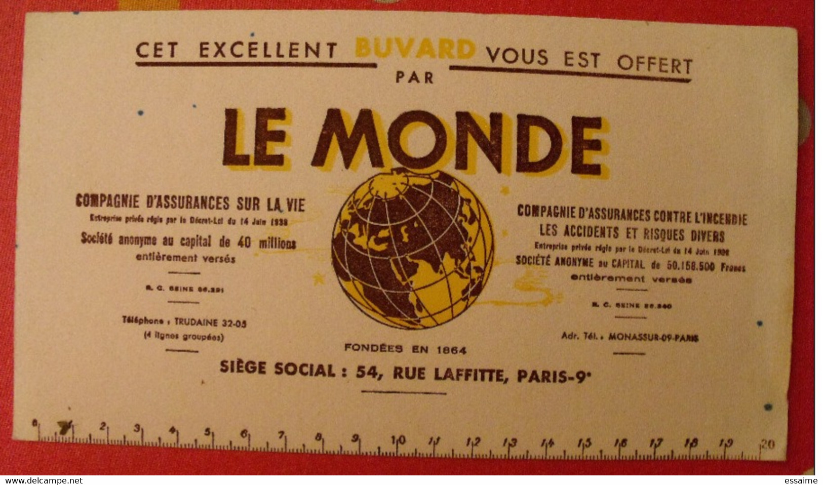 Buvard Compagnie D'assurances Sur La Vie Le Monde. Vers 1950 - Banque & Assurance