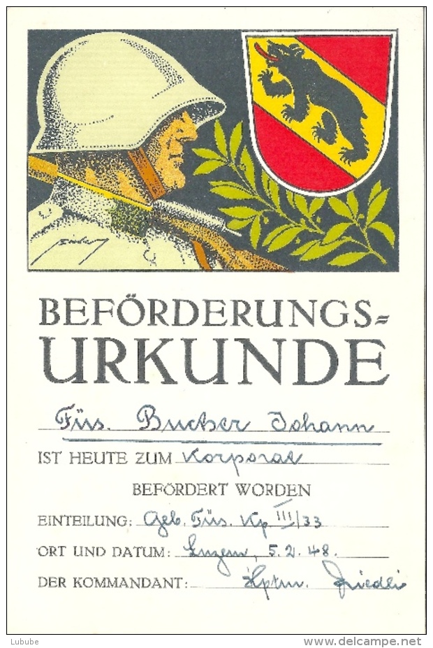 Beförderungsurkunde Zum Korporal Geb.Füs.Kp. III/33             1948 - Documents Historiques