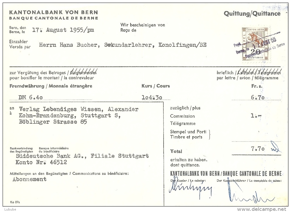 Quittung  "Kantonalbank Von Bern"              1955 - Suiza