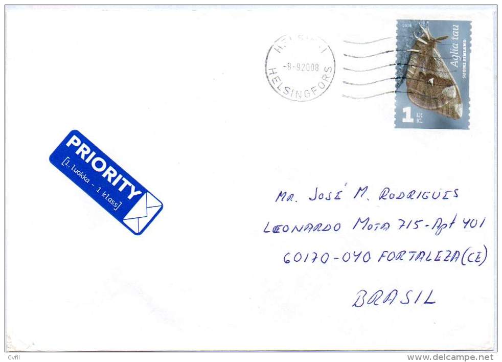 FINLAND 2008. Priority Cover From Helsinski To Fortaleza, CE, Brazil. Fauna: Moth - Covers & Documents