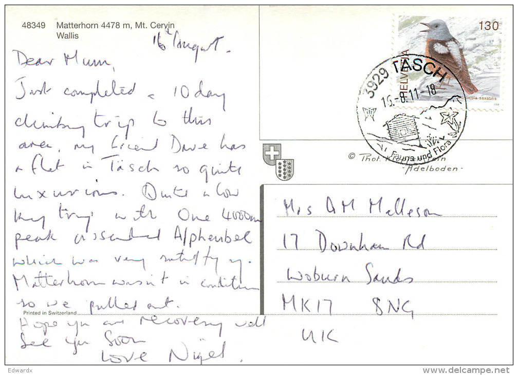 Matterhorn, VS Valais, Switzerland Postcard Posted 2011 Stamp - Andere & Zonder Classificatie