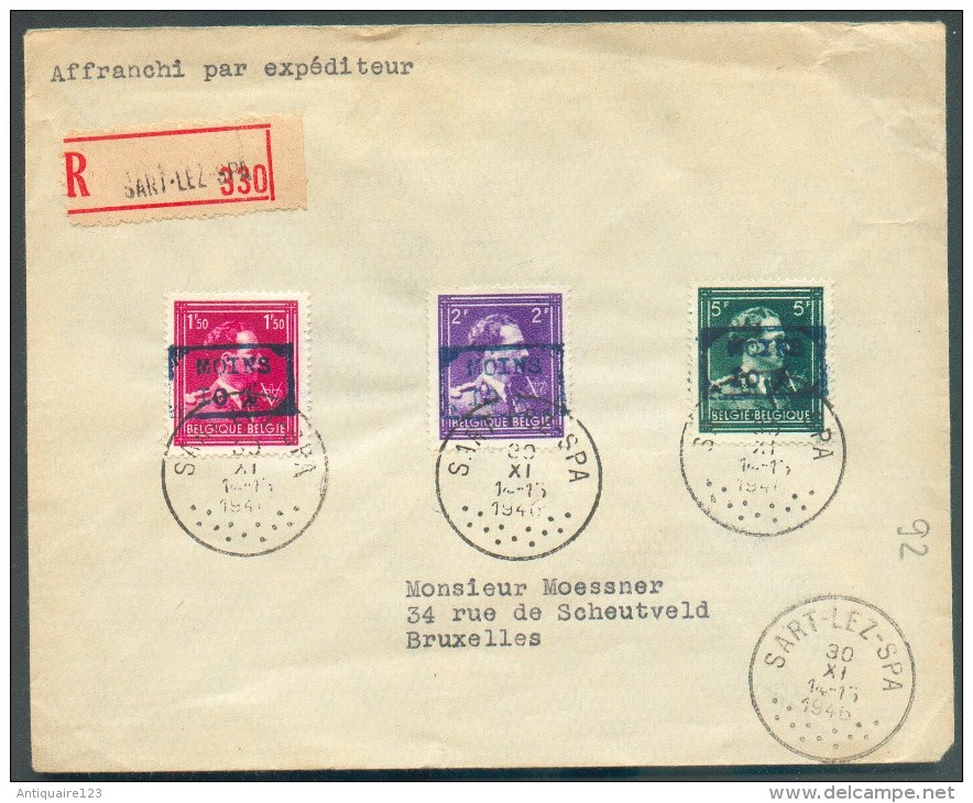 N°724N/P Obl. Sc SART-lez-SPA Sur Lettre Recommandée Du 30-XI-1946 Vers Bruxelles (sur. Type 92) - 11360 - 1946 -10%
