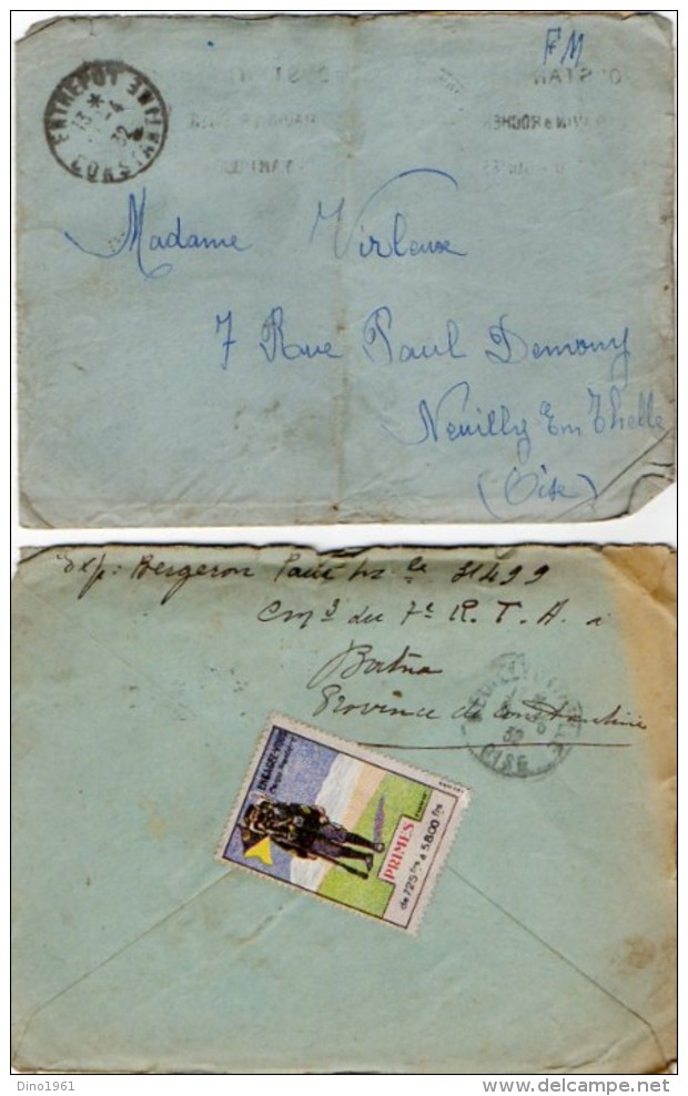 VP5391 - LAC  2 Lettres  Franchise Militaire Soldat P. BERGERON Au 7ème Rgt Tirailleurs Algériens à  CONSTANTINE & BATNA - Documentos
