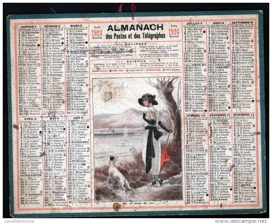 CALENDRIER GRAND FORMAT, 1924, ILLUSTRATION: SUR LES BORDS DU LAC , SCANS RECTO ET VERSO - Grand Format : 1921-40