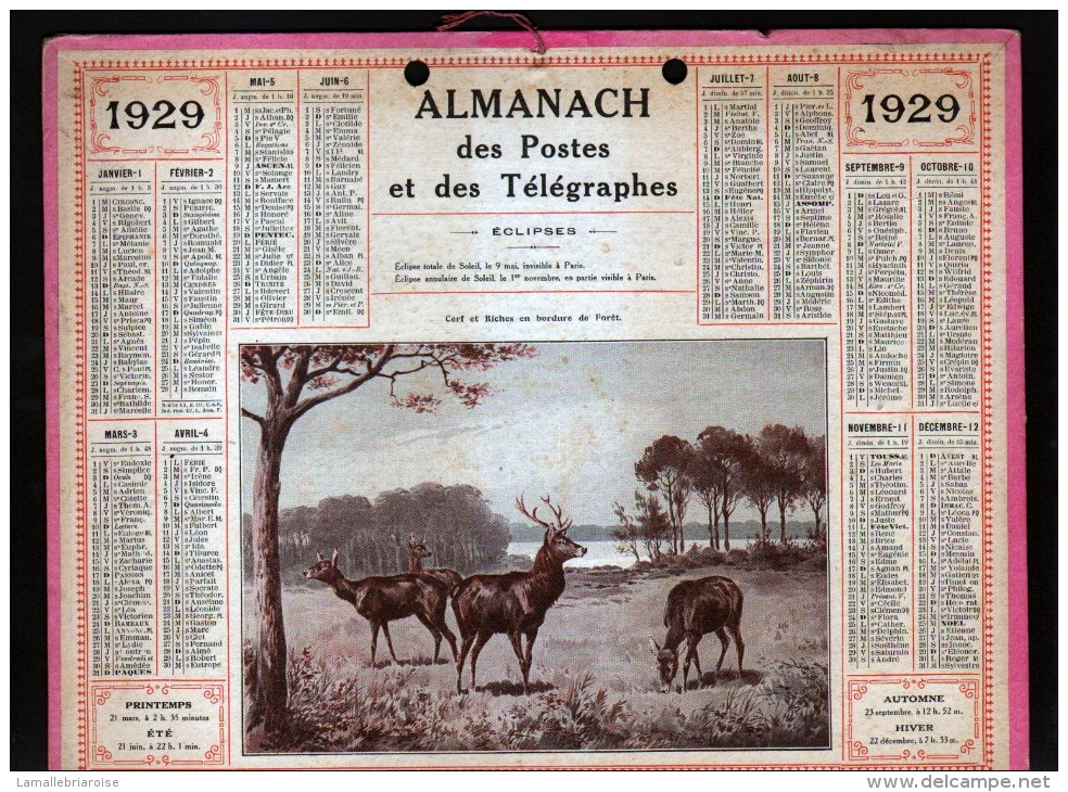 CALENDRIER GRAND FORMAT, 1929, ILLUSTRATION: CERF ET BICHES EN BORDURE DE FORET , SCANS RECTO ET VERSO - Grand Format : 1921-40