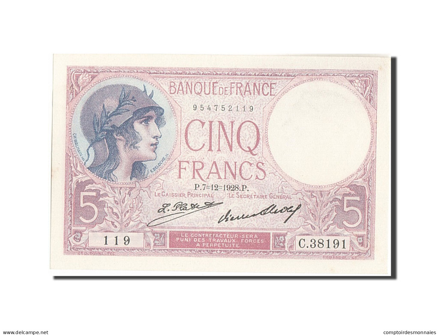 Billet, France, 5 Francs, 5 F 1917-1940 ''Violet'', 1928, 1928-12-07, SPL - 5 F 1917-1940 ''Violet''