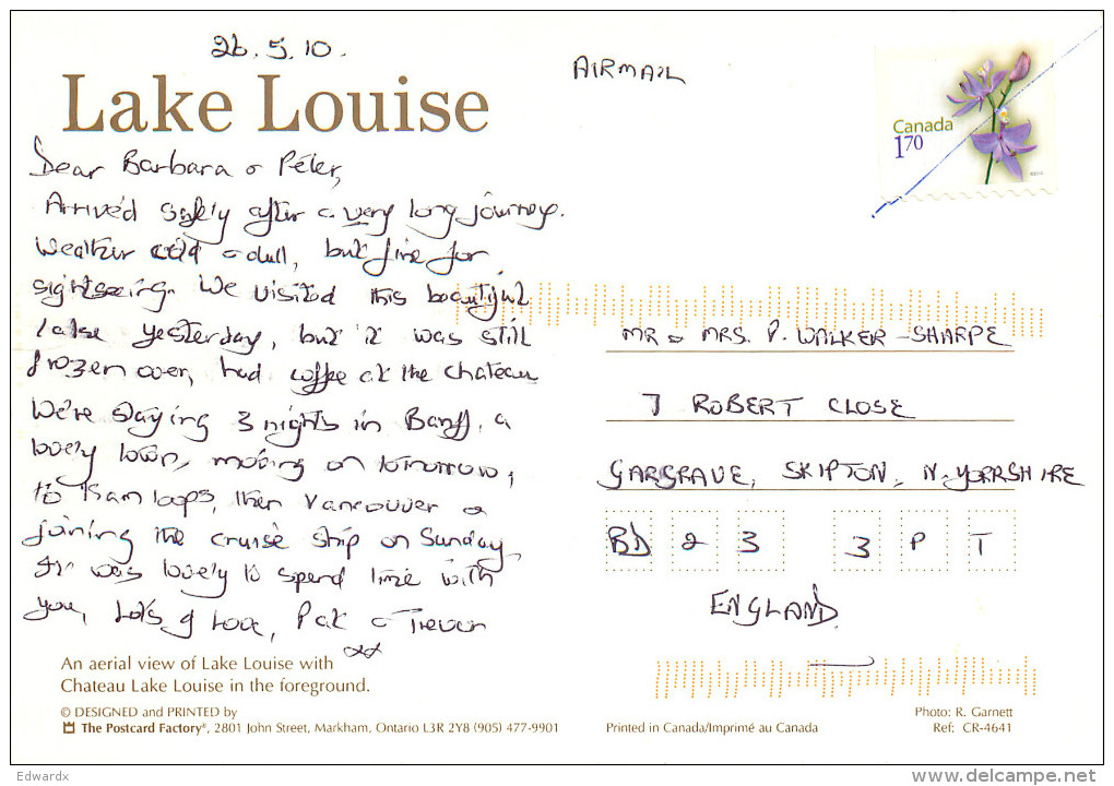 Lake Louise, Alberta, Canada Postcard Posted 2010 Stamp - Lac Louise