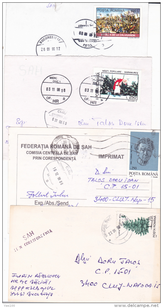 #BV2260         POSTCARDS 4X , PRINTED  CHESS,   VERY INTERESTING FRANKING,  ROMANIA. - Oblitérés