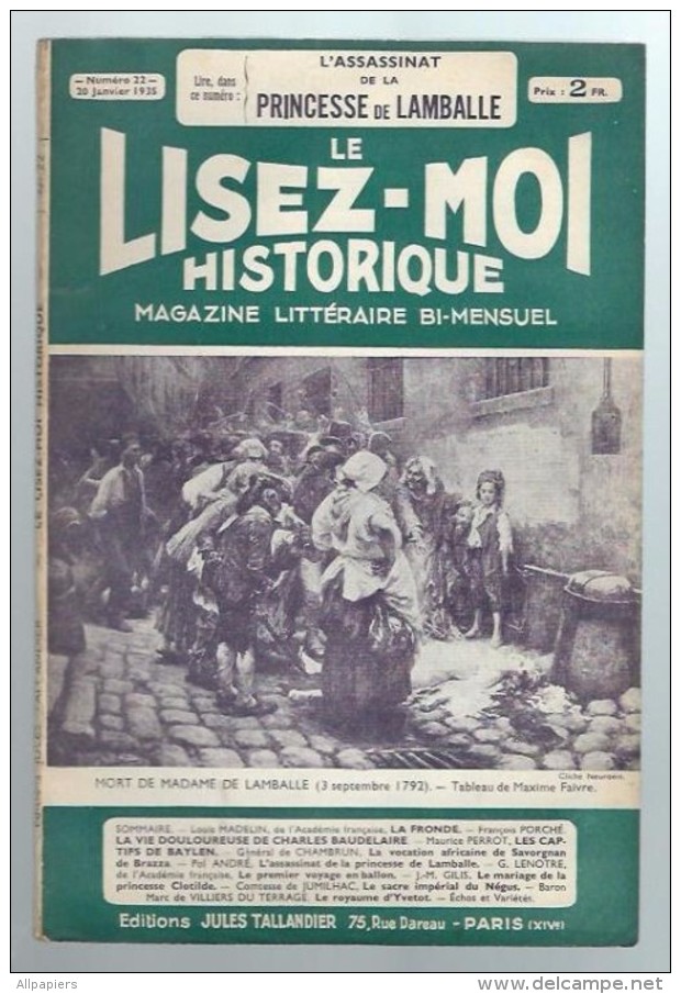 Le Lisez-moi Historique Magazine Littéraire Bi-mensuel N°22 L'assassinat De La Princesse De Lamballe - Royaume D'Yvetot - 1900 - 1949