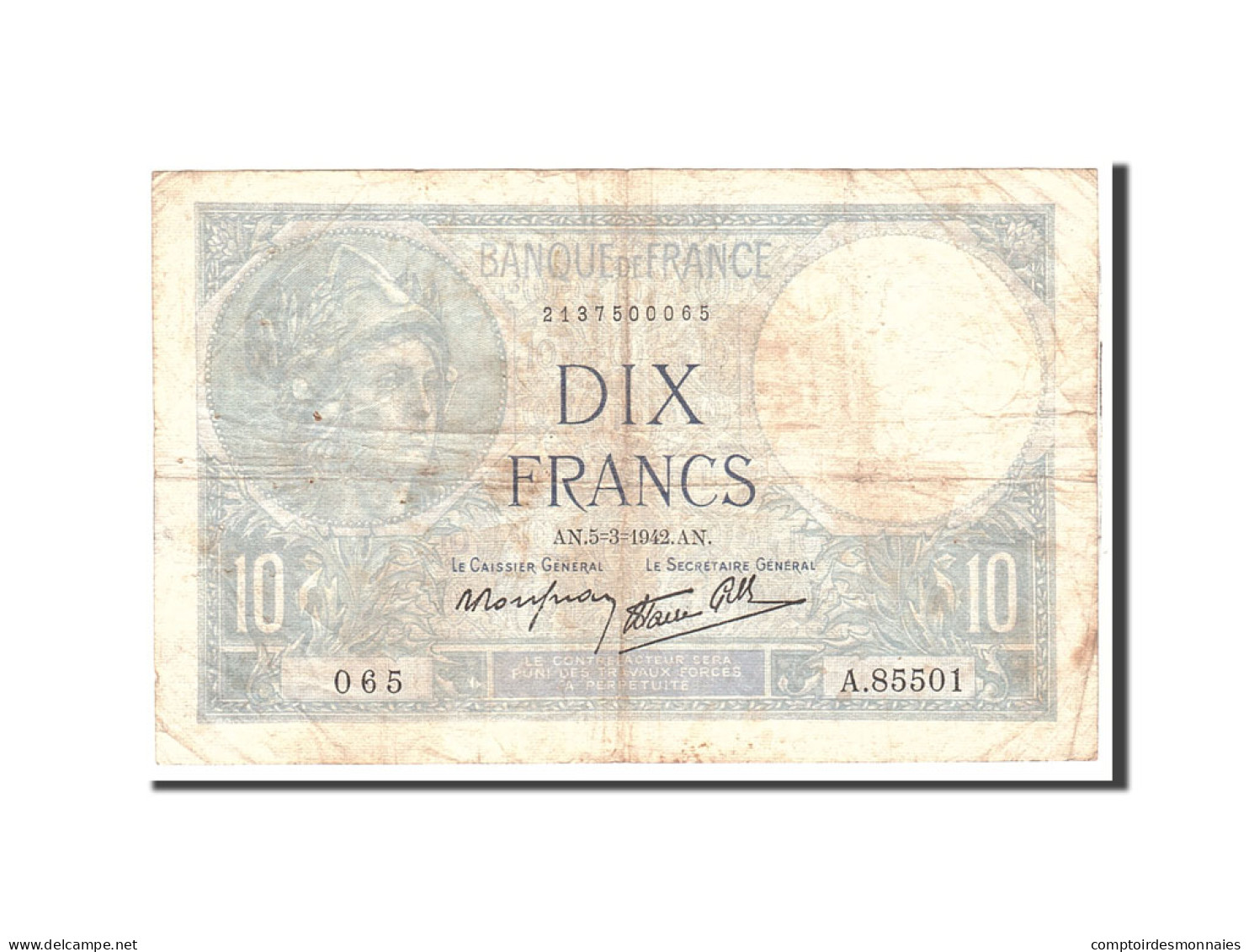 Billet, France, 10 Francs, 1942, 1942-03-05, TB, Fayette:17.31, KM:84 - 10 F 1916-1942 ''Minerve''