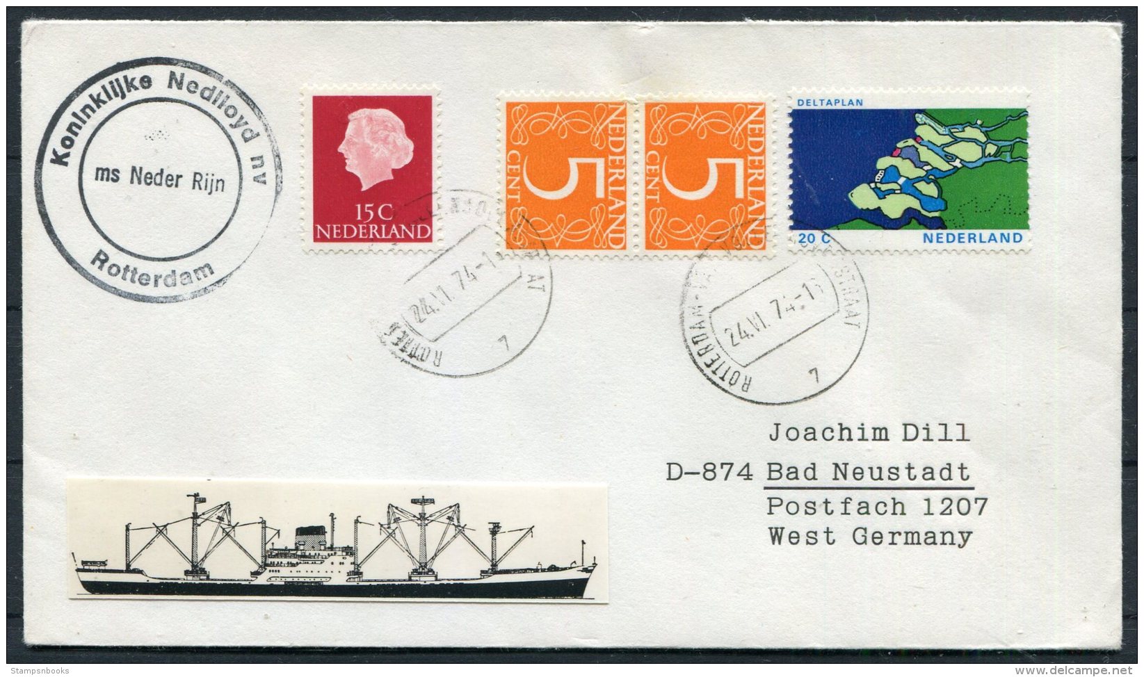 1974 Netherlands Ship Cover Nedlloyd Lines M.V. NEDER RIJN Rotterdam - Covers & Documents