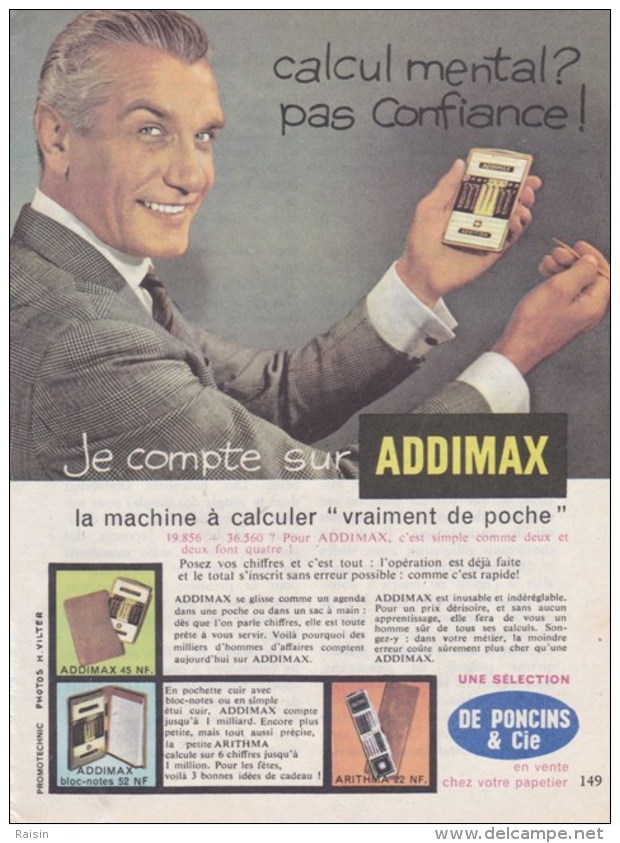 Pub.1960 ADDIMAX Machine à Calculer De Poche  De Poncins & Cie  "Calcul Mental ? Pas Confiance ! " BE - Publicités