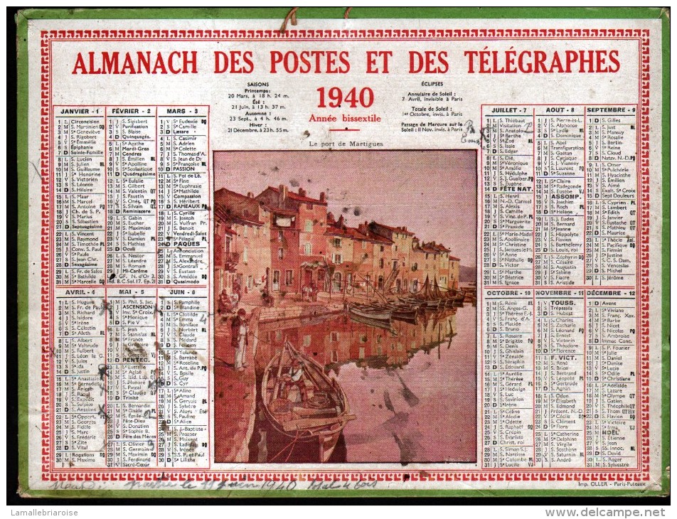 CALENDRIER GRAND FORMAT, 1940, ILLUSTRATION: LE PORT DE MARTIGUES, SCANS RECTO ET VERSO - Grand Format : 1921-40