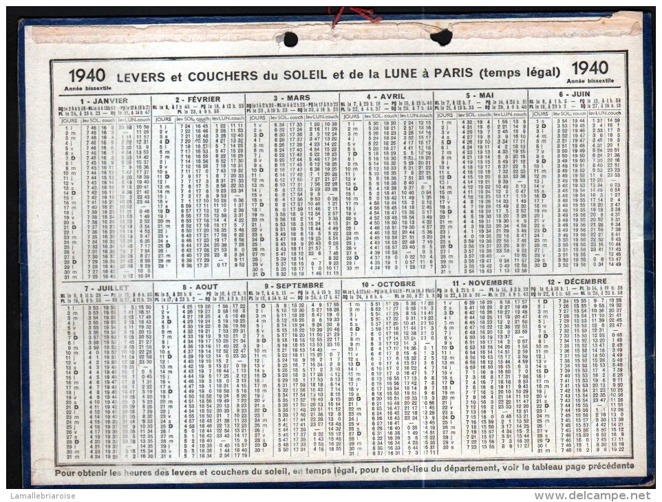 CALENDRIER GRAND FORMAT, 1940, ILLUSTRATION: Au Fil De L4eau, SCANS RECTO ET VERSO - Grand Format : 1921-40