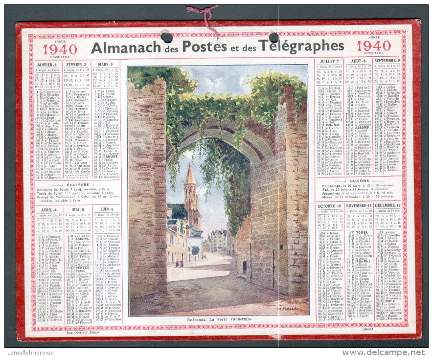 CALENDRIER GRAND FORMAT, 1940, ILLUSTRATION: GUERANDE, LA PORTE VANNETAISE, SCANS RECTO ET VERSO - Grand Format : 1921-40