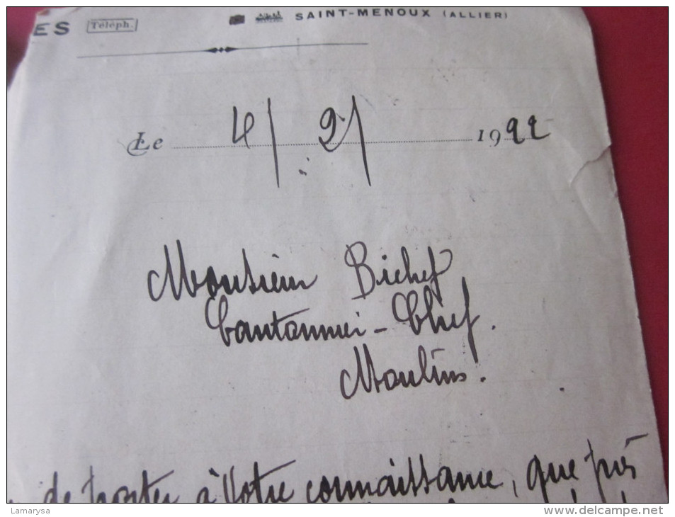 LETTRE MANUSCRIT SAINT-MENOUX ALLIER 4-2-1922 PRES DE CHEZ MOI à MOULINS 2 AQUEDUCS SOUS LA ROUTE BOUCHES LIRE SUITE - Manuscripts