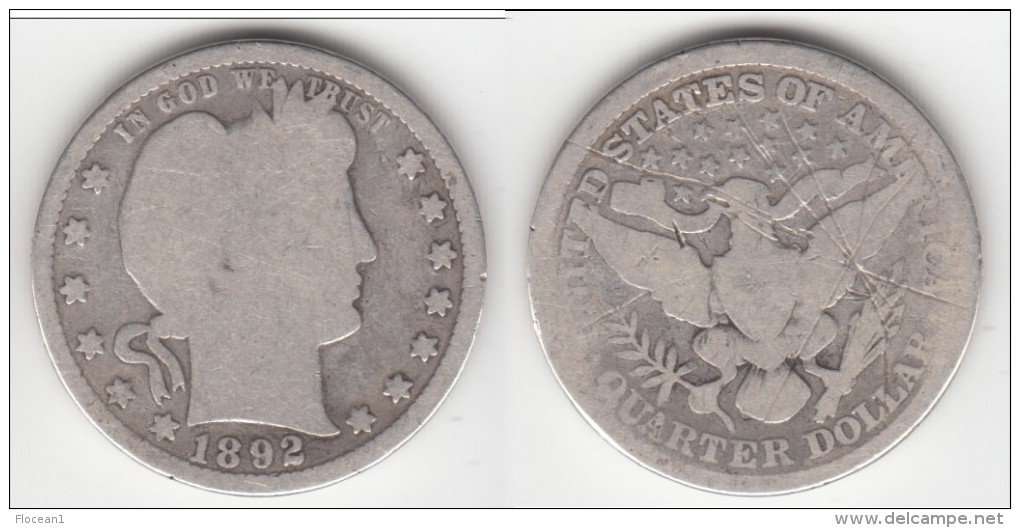 *** USA  - ETATS-UNIS - 1/4 DOLLAR 1892 - QUARTER DOLLAR 1892 - BARBER QUARTER - ARGENT - SILVER **** ACHAT IMMEDIAT !!! - 1892-1916: Barber