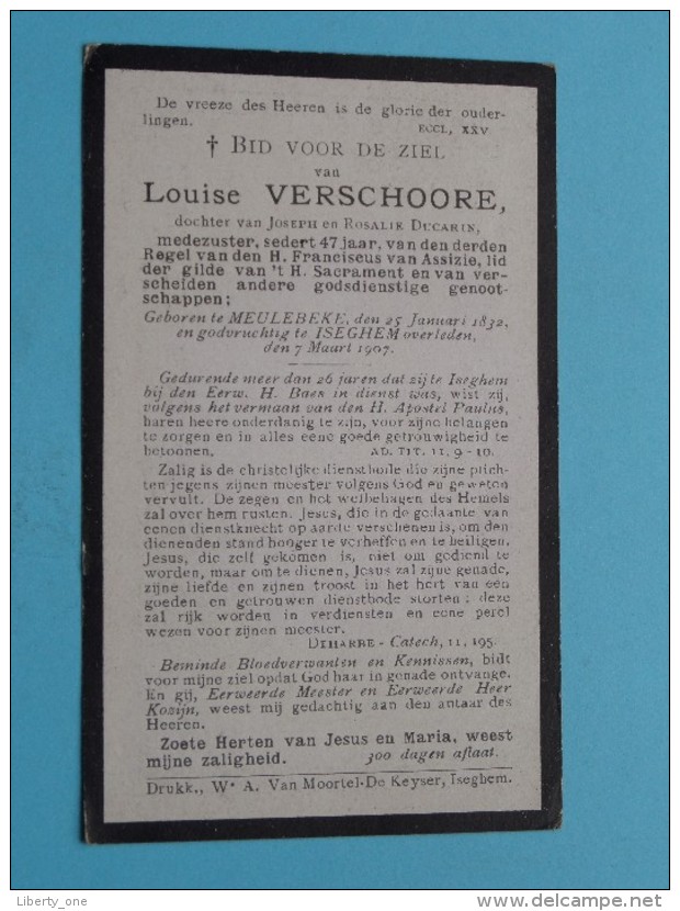 DP Louise VERSCHOORE ( Ducarin ) Meulebeke 25 Jan 1832 - ISEGHEM 7 Maart 1907 ( Zie Foto's ) ! - Décès