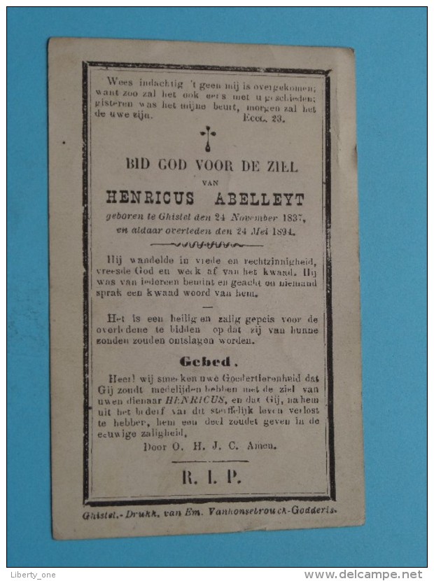 DP Henricus ABELLEYT () Ghistel 24 Nov 1837 - 24 Mei 1894 ( Zie Foto's ) ! - Décès