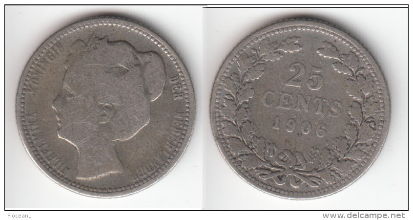 **** PAYS-BAS - NETHERLANDS - 25 CENTS 1906 WILHELMINA I - ARGENT - SILVER **** EN ACHAT IMMEDIAT - 25 Centavos