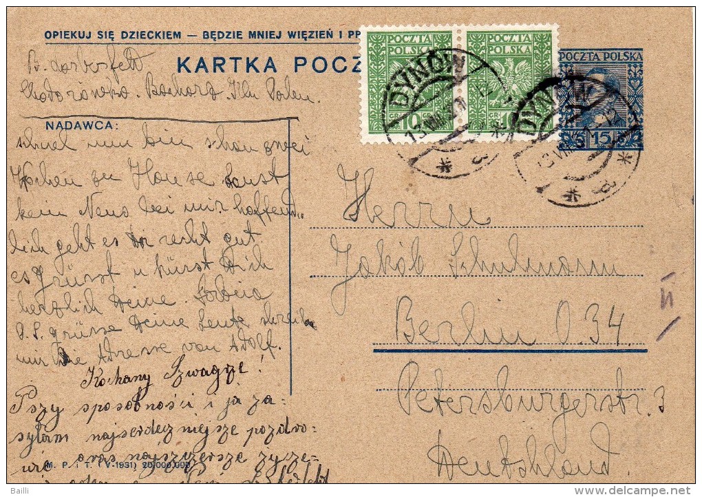 Pologne Entier Postal Dynow Pour L'Allemagne 1930 - Covers & Documents