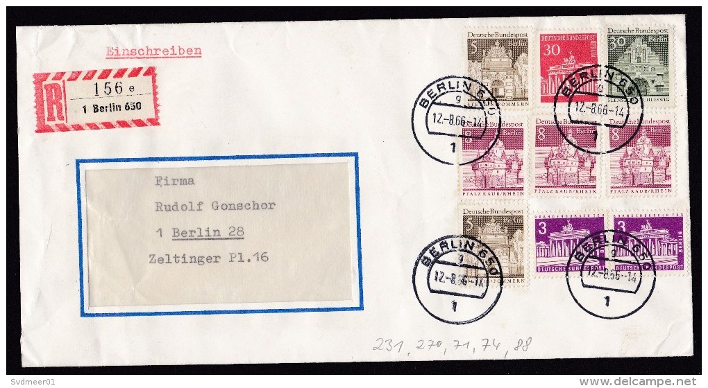 Germany Berlin: Registered Cover, 1966, 9 Stamps, Building, R-label, Certificate Of Posting Glued At Back (minor Damage) - Brieven En Documenten