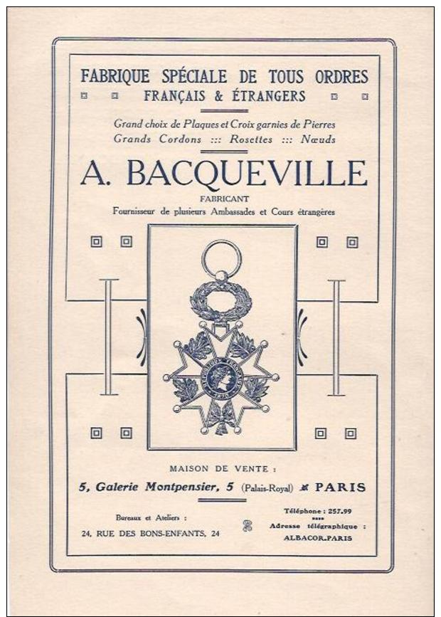 PARIS 1er - BACQUEVILLE - FABRIQUE MEDAILLES Et DECORATIONS - Publicités